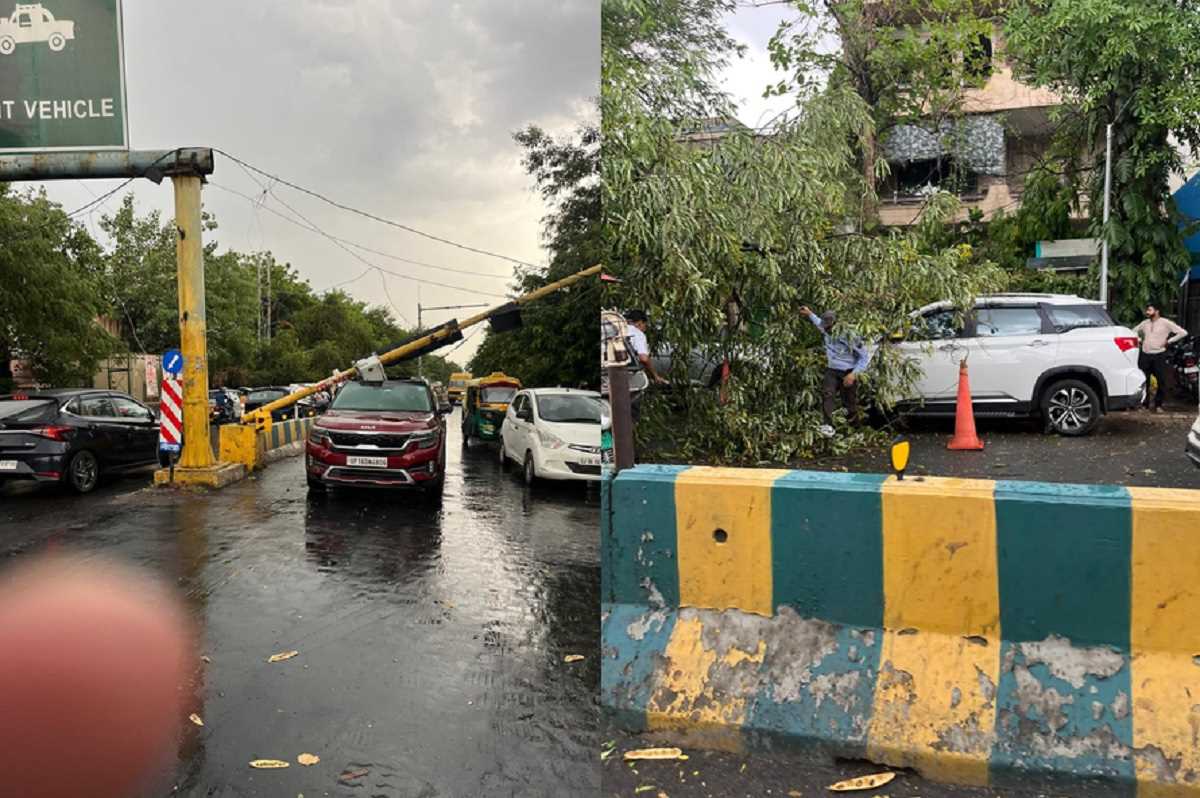 नोएडा में तेज बारिश और आंधी : कई पेड़ धराशायी, डीएनडी पर जाम, कार पर गिरा रेड लाइट का पोल, कई हादसे टले