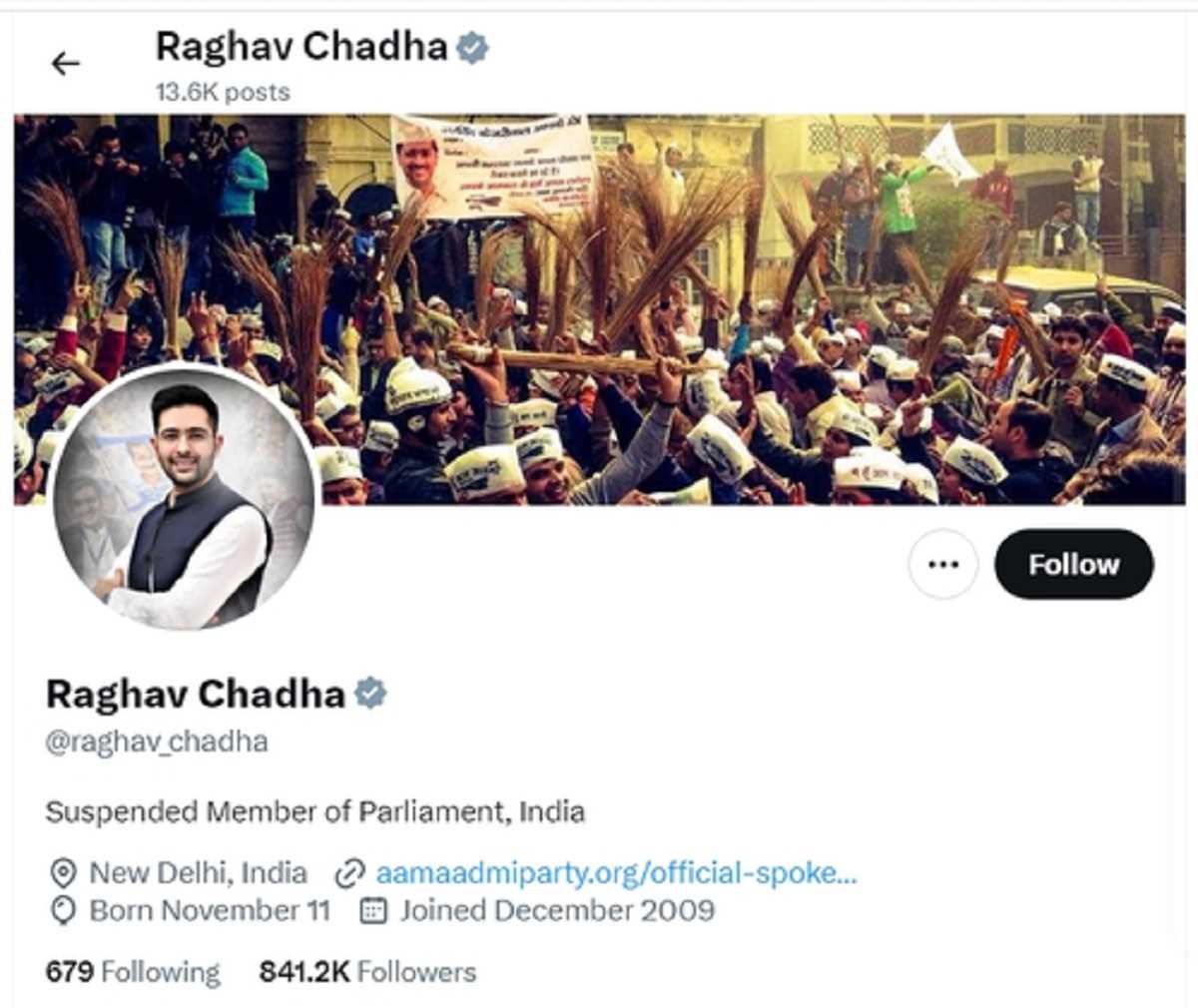 राघव चड्ढा ने अपने एक्स हैंडल पर खुद को निलंबित सांसद बताया