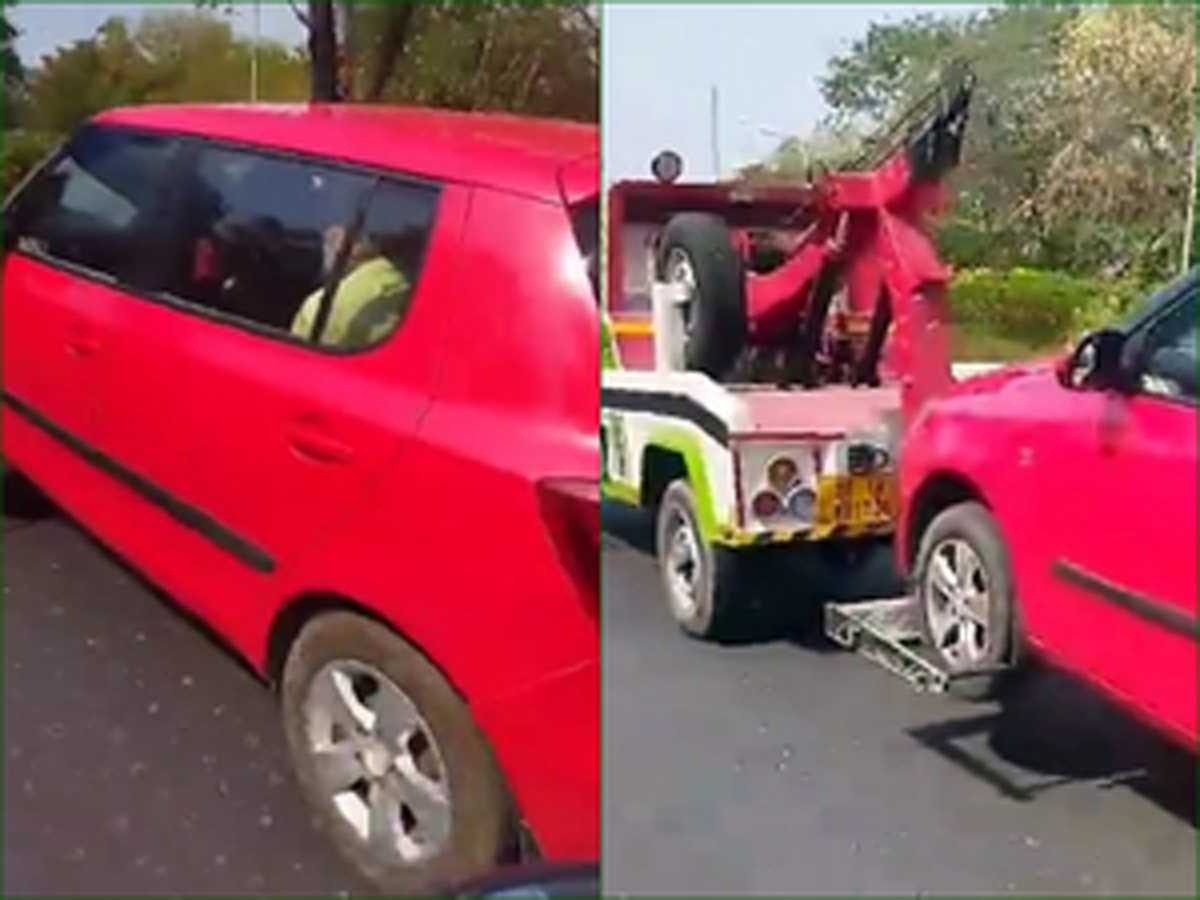 कार को क्रेन से उठाया, खतरे में आई अंदर बैठे बुजुर्ग की जिंदगी, ठेकेदार के खिलाफ कार्रवाई