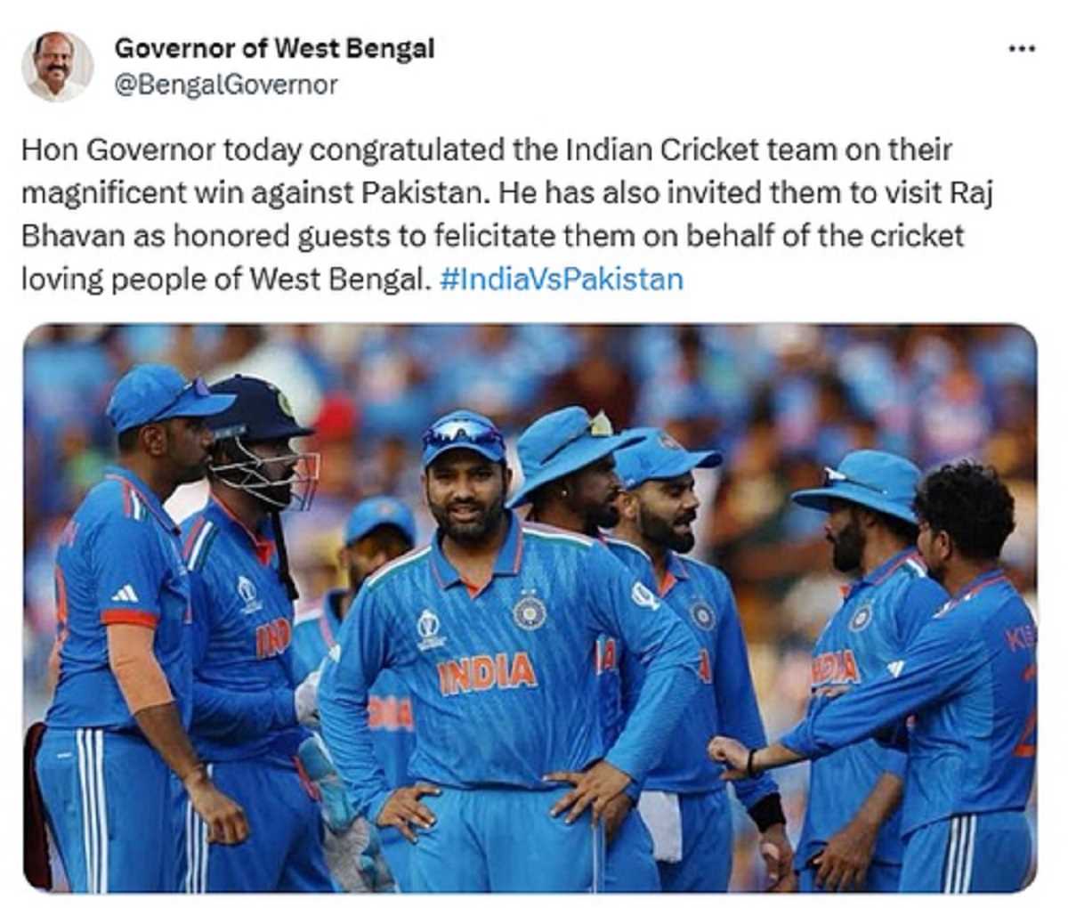 बंगाल के राज्यपाल ने भारतीय क्रिकेट टीम को अभिनंदन के लिए राजभवन में आमंत्रित किया बंगाल के राज्यपाल ने भारतीय क्रिकेट टीम को अभिनंदन के लिए राजभवन में आमंत्रित किया