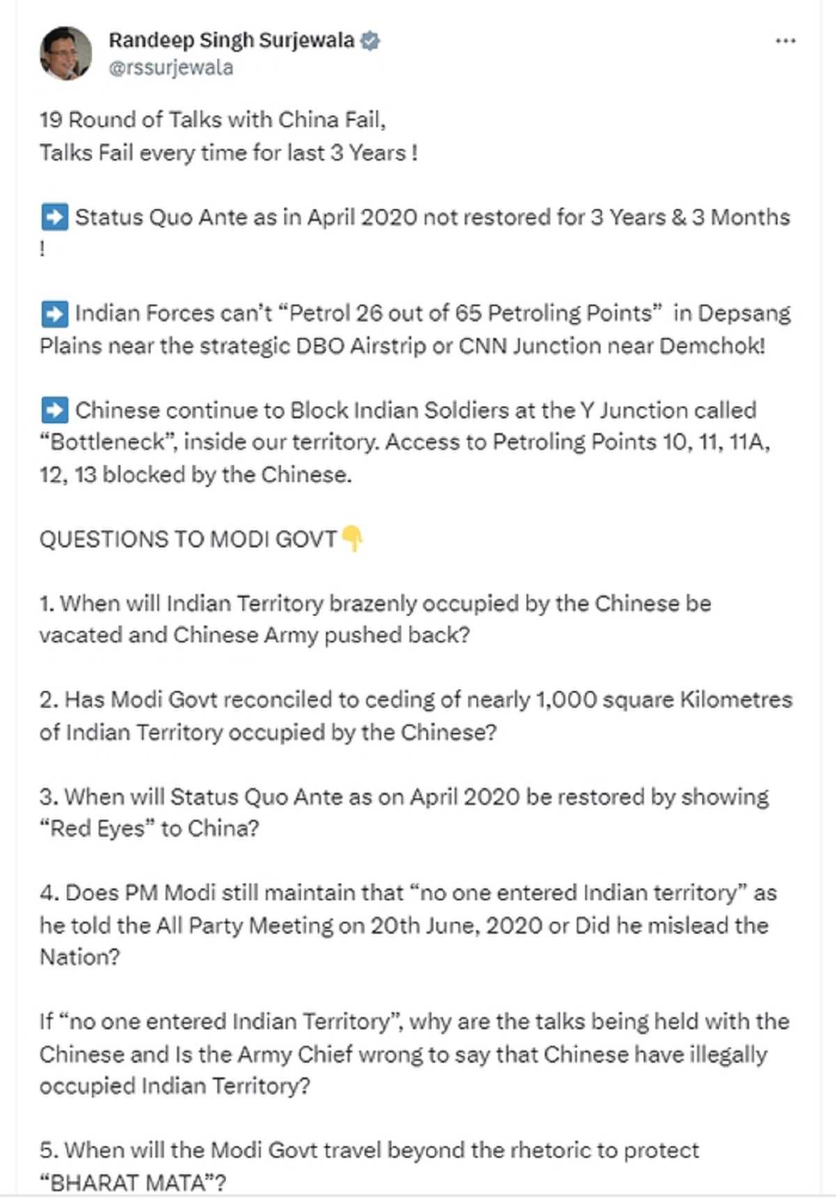 चीन के साथ सैन्य  वार्ता फिर विफल रहने पर भड़की कांग्रेस, उठाए सवाल