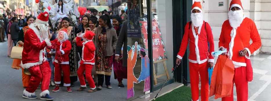 कनॉट प्लेस में अनोखा क्रिसमस सेलिब्रेशन, सैंटा क्लॉस बांट रहे मास्क