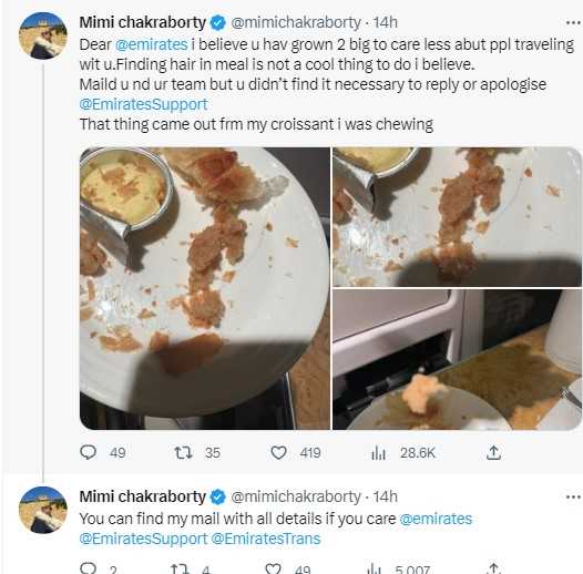 तृणमूल कांग्रेस सांसद ने की अमीरात एयरलाइंस की फ्लाइट के खाने में बाल मिलने की शिकायत