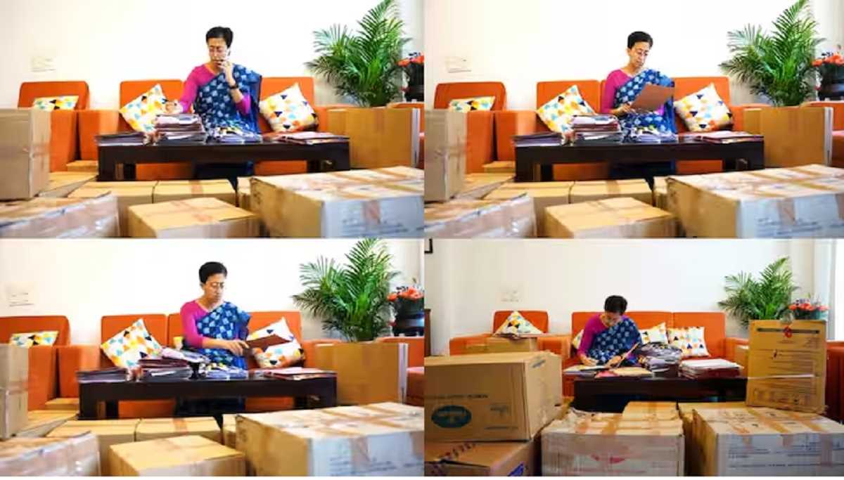 सरकारी बंगला सील होने के बाद सीएम आतिशी पैक सामानों के बीच में काम करती हुई आईं नजर सरकारी बंगला सील होने के बाद सीएम आतिशी पैक सामानों के बीच में काम करती हुई आईं नजर