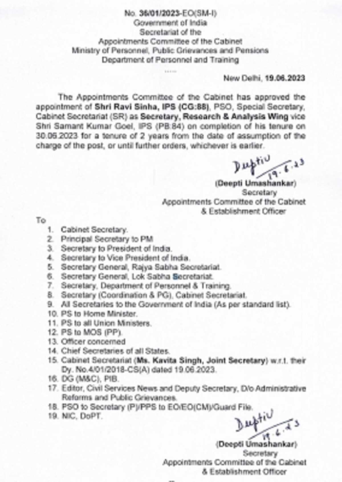 आईपीएस अधिकारी रवि सिन्हा को रॉ के नये चीफ के पद के लिए नियुक्त किया गया आईपीएस अधिकारी रवि सिन्हा को रॉ के नये चीफ के पद के लिए नियुक्त किया गया