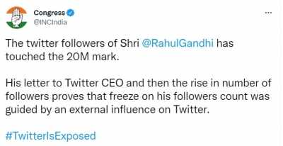 राहुल के ट्विटर फॉलोअर्स की संख्या बाहरी ताकतों द्वारा निर्देशित थी : कांग्रेस