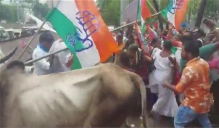 ईंधन की बढ़ती कीमतों के खिलाफ प्रदर्शन पर निकली कांग्रेस की बैलगाड़ी टूटी, जमीन पर गिरे नेतागण