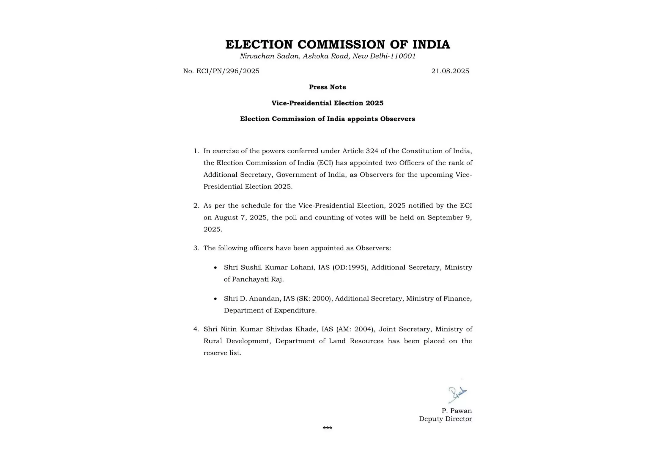 चुनाव आयोग ने उप राष्ट्रपति पद के चुनाव के लिए पर्यवेक्षक किए नियुक्त