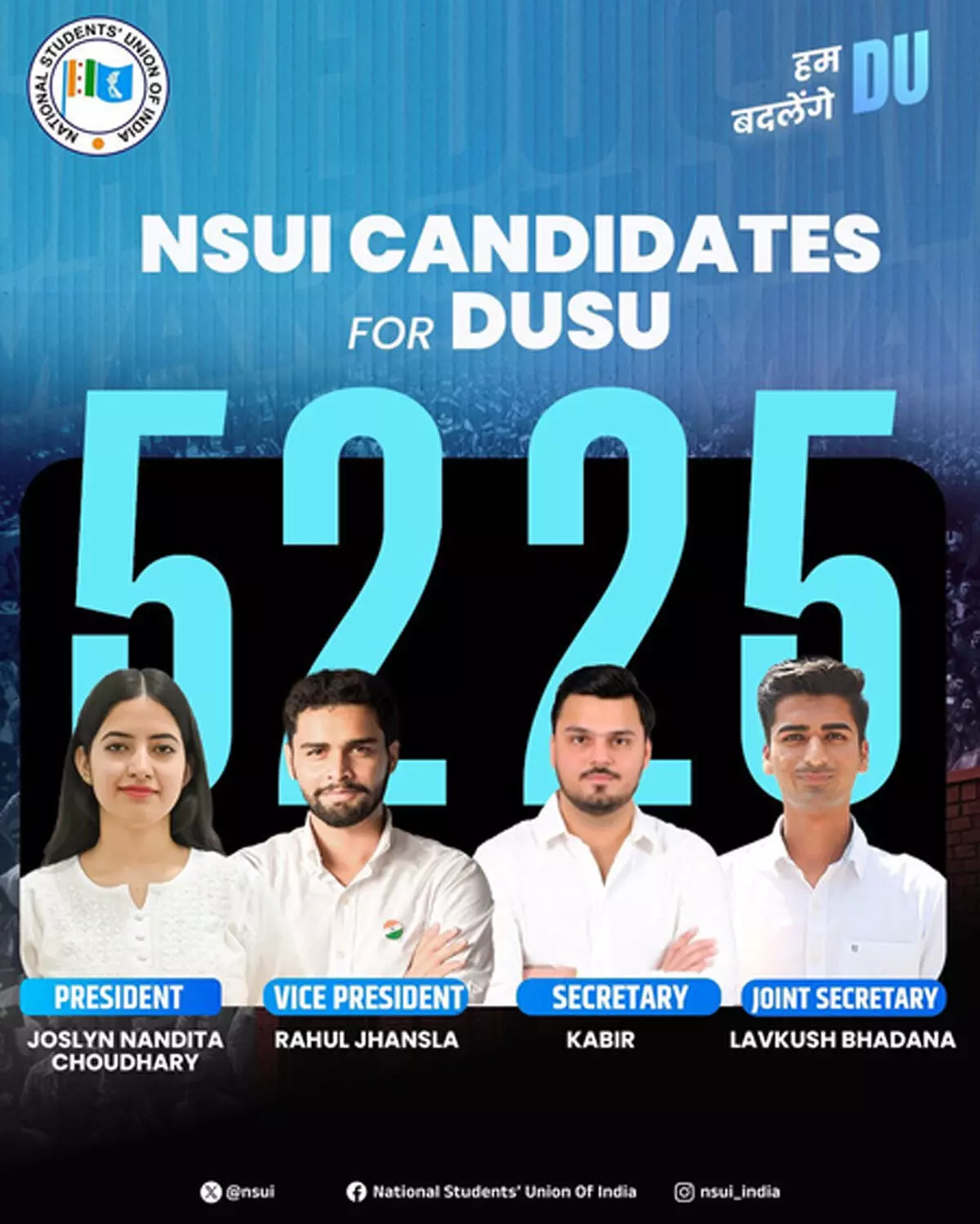 दिल्ली विश्वविद्यालय : डूसू चुनाव के लिए एबीवीपी और एनएसयूआई ने की उम्मीदवारों की घोषणा