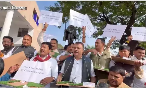 मध्यप्रदेश : कांग्रेस विधायकों का अनोखा प्रदर्शन, चिड़िया चुग गई खेत की झांकी लेकर विधानसभा पहुंचे मध्यप्रदेश : कांग्रेस विधायकों का अनोखा प्रदर्शन, चिड़िया चुग गई खेत की झांकी लेकर विधानसभा पहुंचे