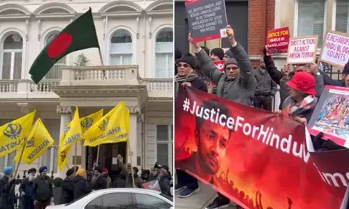 लंदन में बांग्लादेश हिंसा की गूंज: बांग्लादेश उच्चायोग के बाहर प्रदर्शन में खालिस्तानियों ने डाली बाधा, ISI एंगल की आशंका