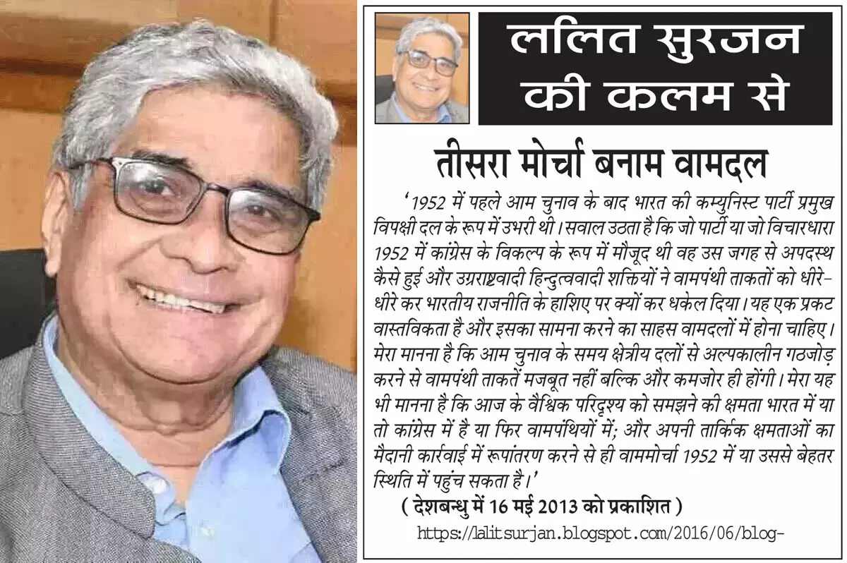 ललित सुरजन की कलम से तीसरा मोर्चा बनाम वामदल ललित सुरजन की कलम से तीसरा मोर्चा बनाम वामदल