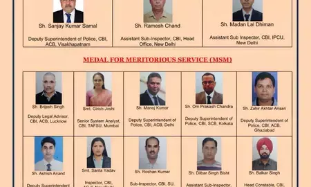 सीबीआई के 21 अधिकारियों और कर्मचारियों को विशिष्ट सेवा के लिए राष्ट्रपति पदक और सराहनीय सेवा पदक मिला सीबीआई के 21 अधिकारियों और कर्मचारियों को विशिष्ट सेवा के लिए राष्ट्रपति पदक और सराहनीय सेवा पदक मिला