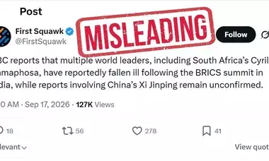 फैक्ट चेक: ब्रिक्स सम्मेलन के बाद विश्व नेताओं के बीमार होने का दावा फर्जी, विदेश मंत्रालय ने किया अलर्ट फैक्ट चेक: ब्रिक्स सम्मेलन के बाद विश्व नेताओं के बीमार होने का दावा फर्जी, विदेश मंत्रालय ने किया अलर्ट