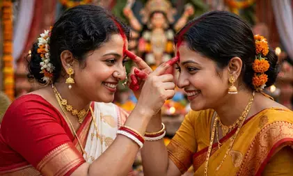 सुहागिन महिलाओं की खास रस्म: सिंदूर खेला सुहागिन महिलाओं की खास रस्म: सिंदूर खेला